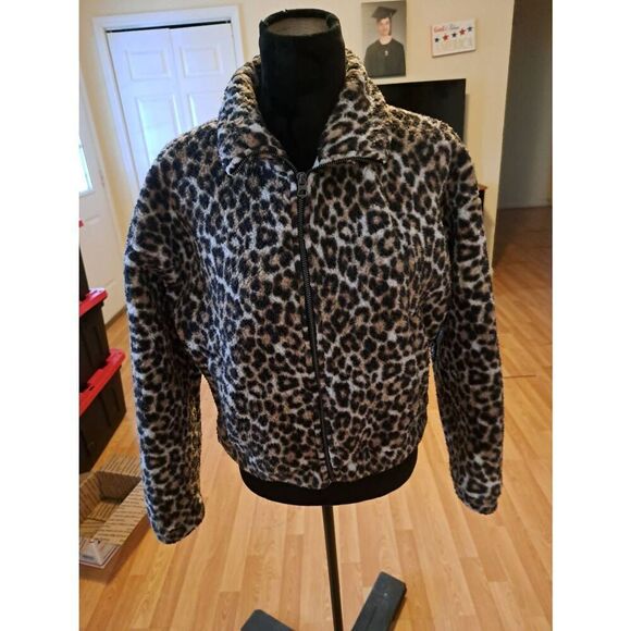 Small American Eagle Leopard Cheetah Animal Print Long Sleeve Front Zip Jacket - Picture 1 of 4